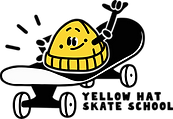 Cartoon logo of yellow beanie on skateboard giving hang ten sign with left arm