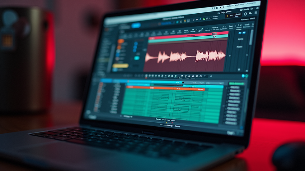 Eye-level view of a laptop with music production software open