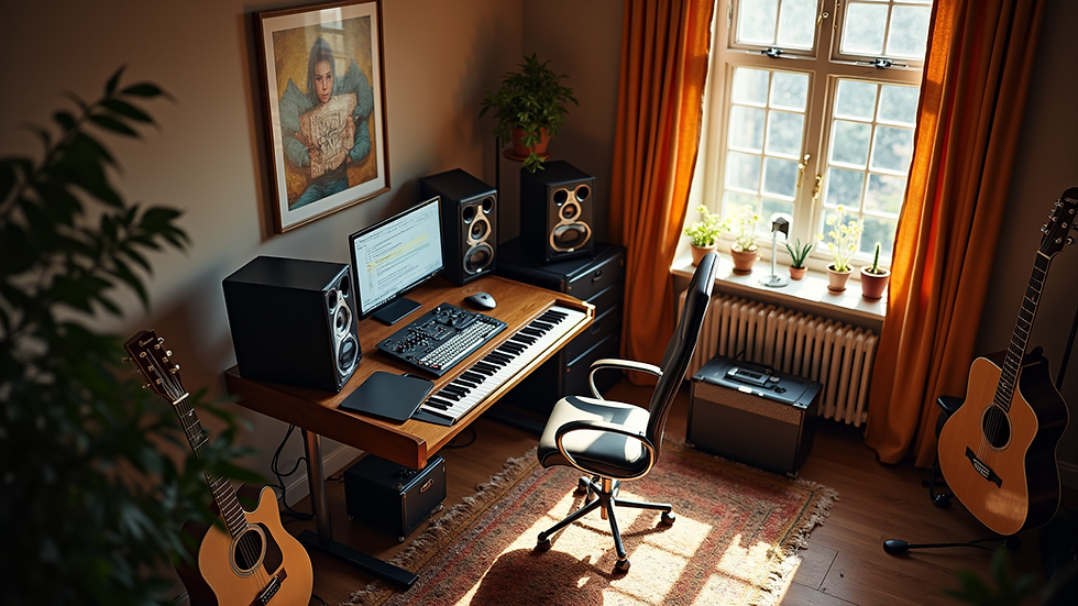 High angle view of a cozy home studio with music equipment