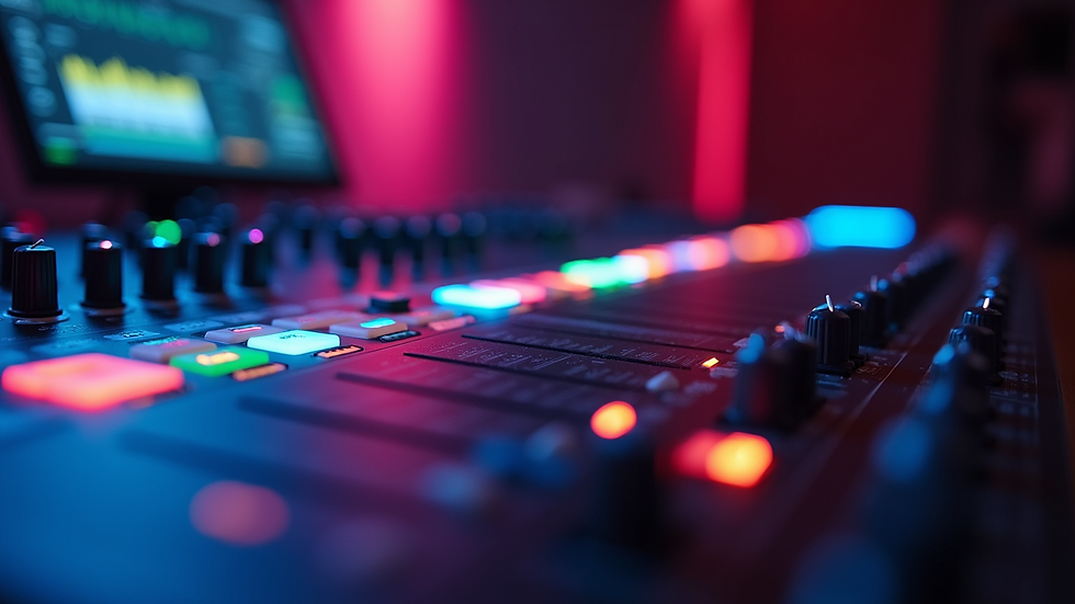 Close-up view of a mixing console with colorful lights