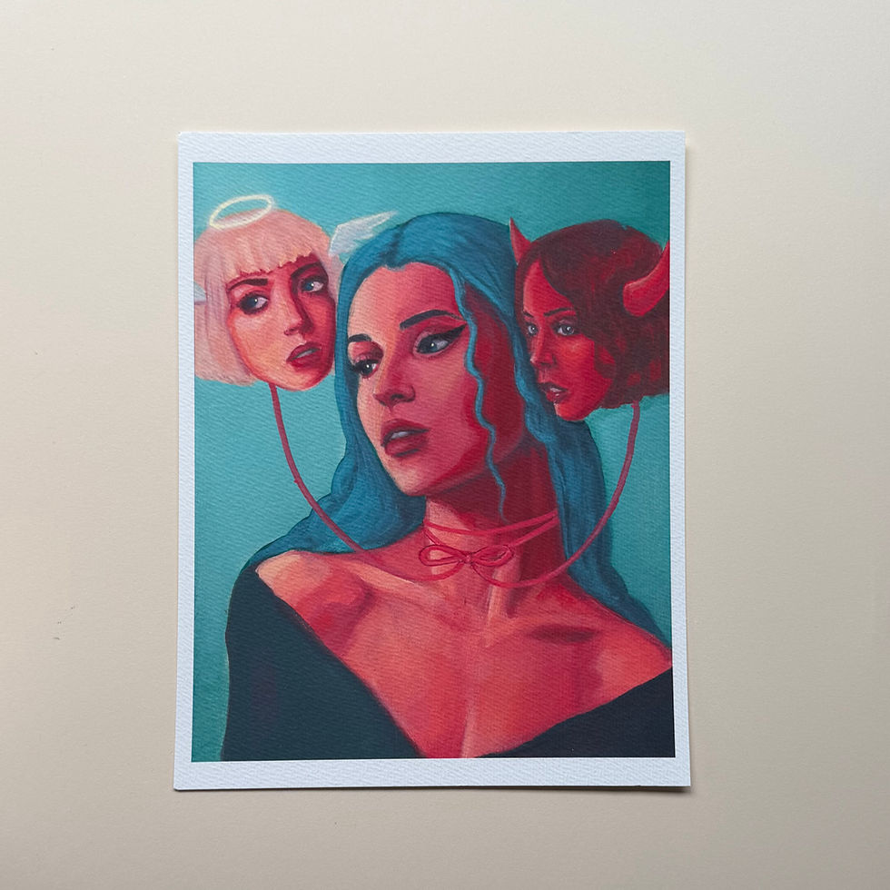 Woman with blue hair, angel and demon heads