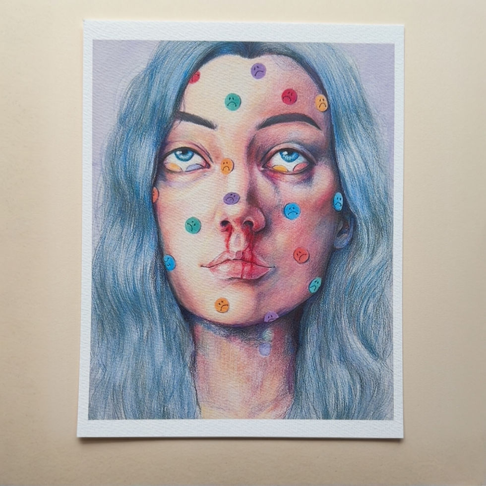 Woman with blue hair, colorful dots, and bleeding nose