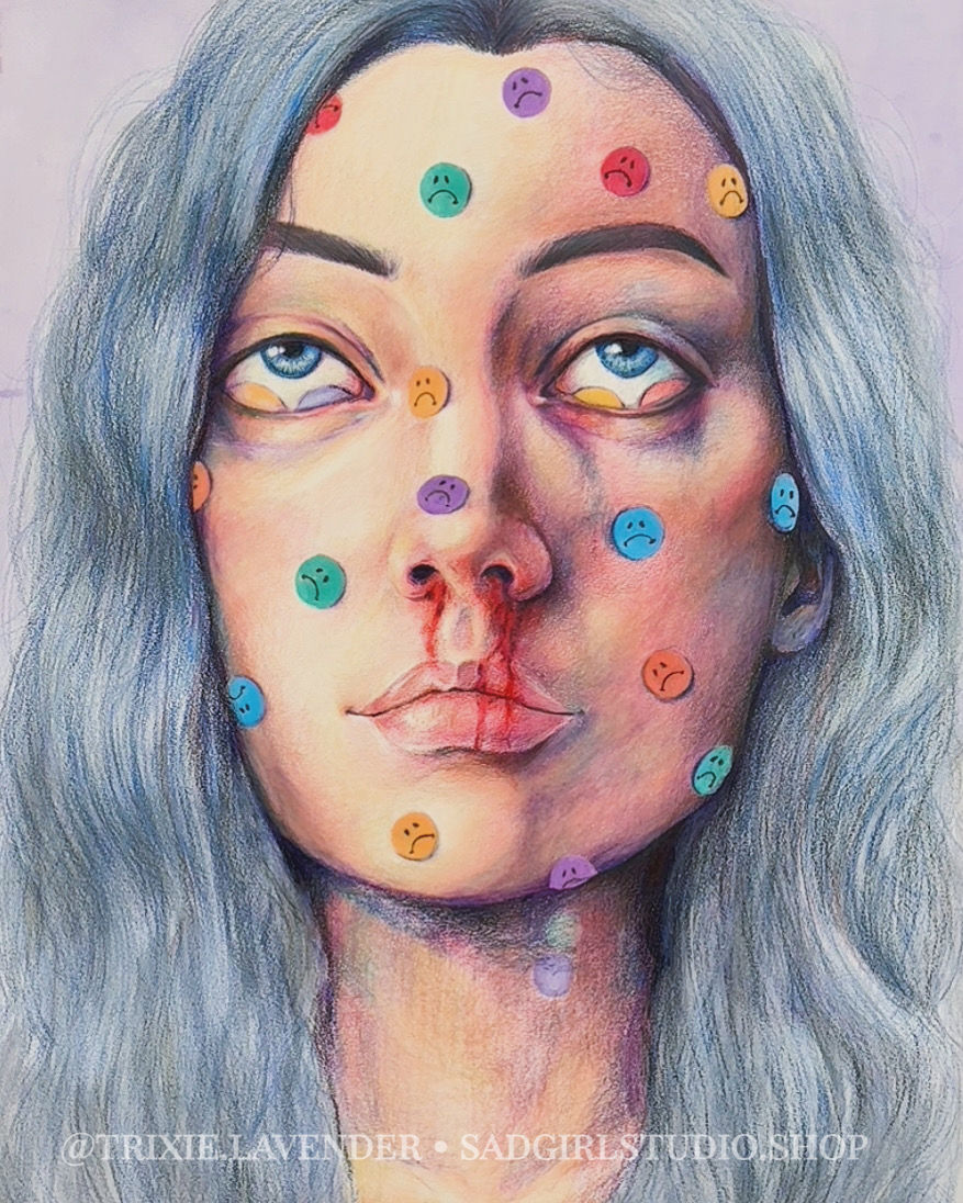 Distressed face with blue hair, bruised eyes, bloody nose, colorful pills