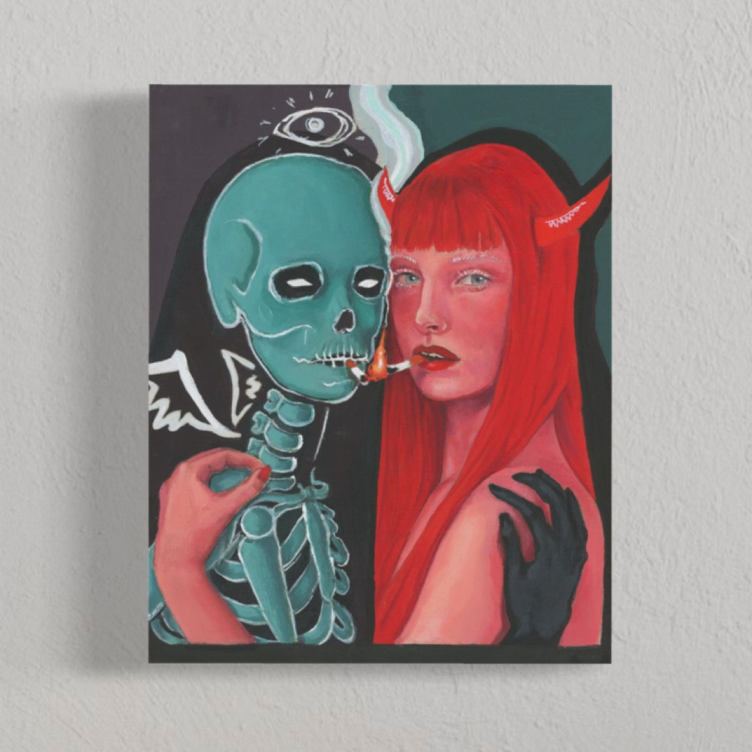Painting of teal skeleton and red devil woman smoking