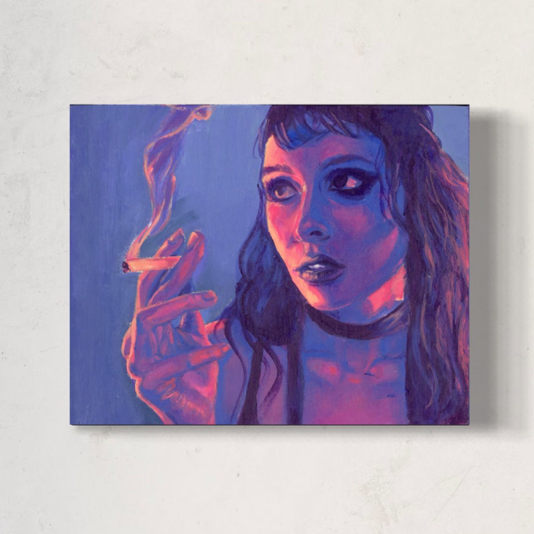 Painting of woman smoking, blue and pink neon light