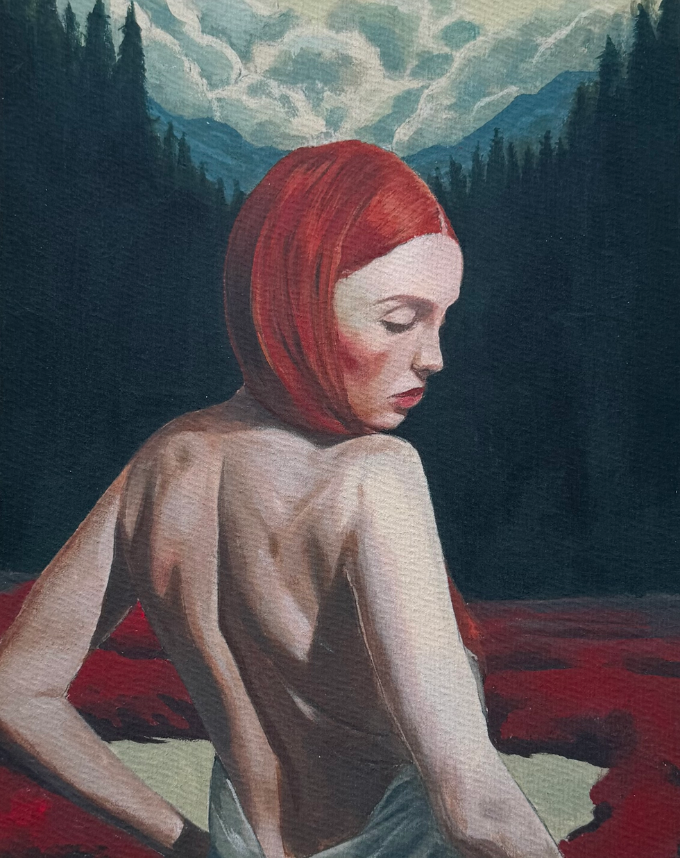 Thumbnail: Red-haired woman gazing at red water, forest backdrop