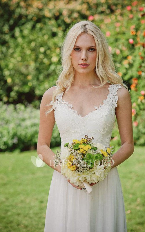 Thumbnail: Chiffon Jewel Floral Bridal Floor-Length Long Lace Dress