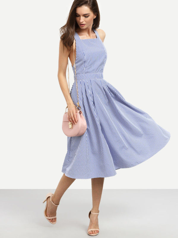 Thumbnail: Striped Criss Cross Back Swing Dress