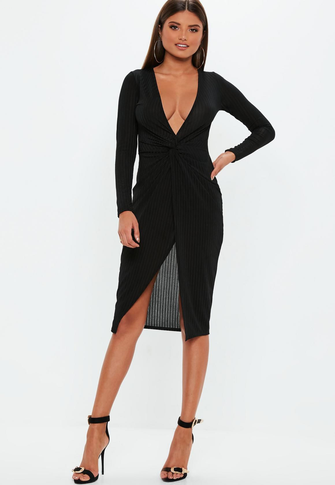 black ribbed plunge twist midi dress