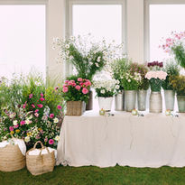 Tisch mit vielen verschiedenen Wildblumensträuchern in Töpfen 