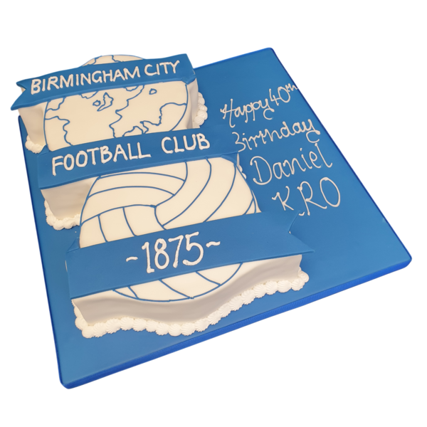 Birmingham City FC themed football badge cake perfect for sports fans. Blue and white colours with intricate detailing and a unique design.