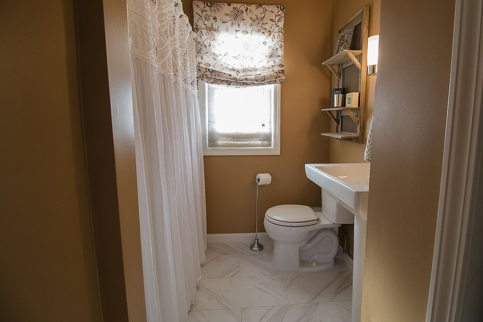 Custom patterned roman shade in bathroom.