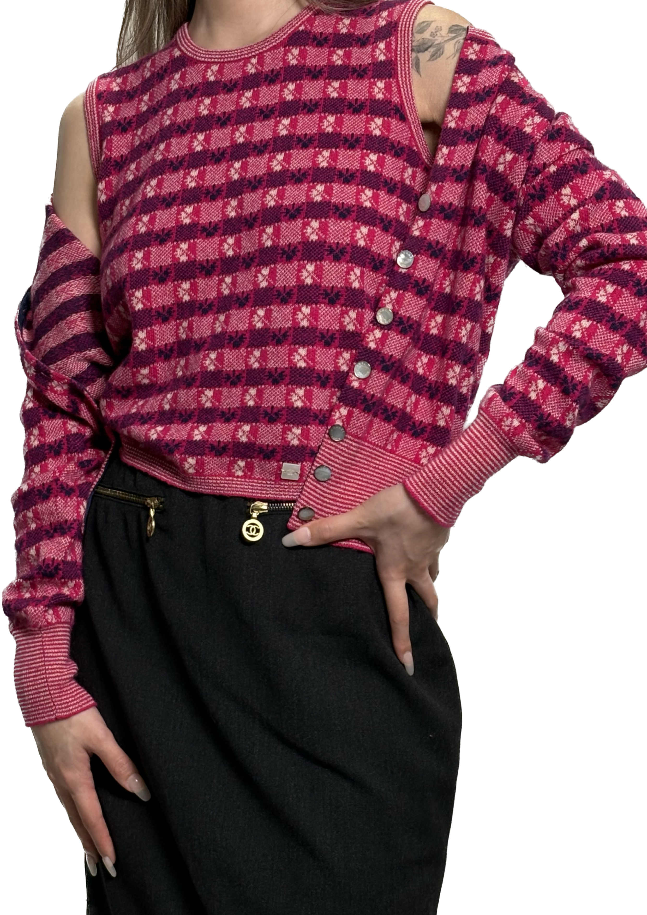 Chanel - Cashmere Singlet/Cardigan Set With Mother of Pearl Buttons and Badge
