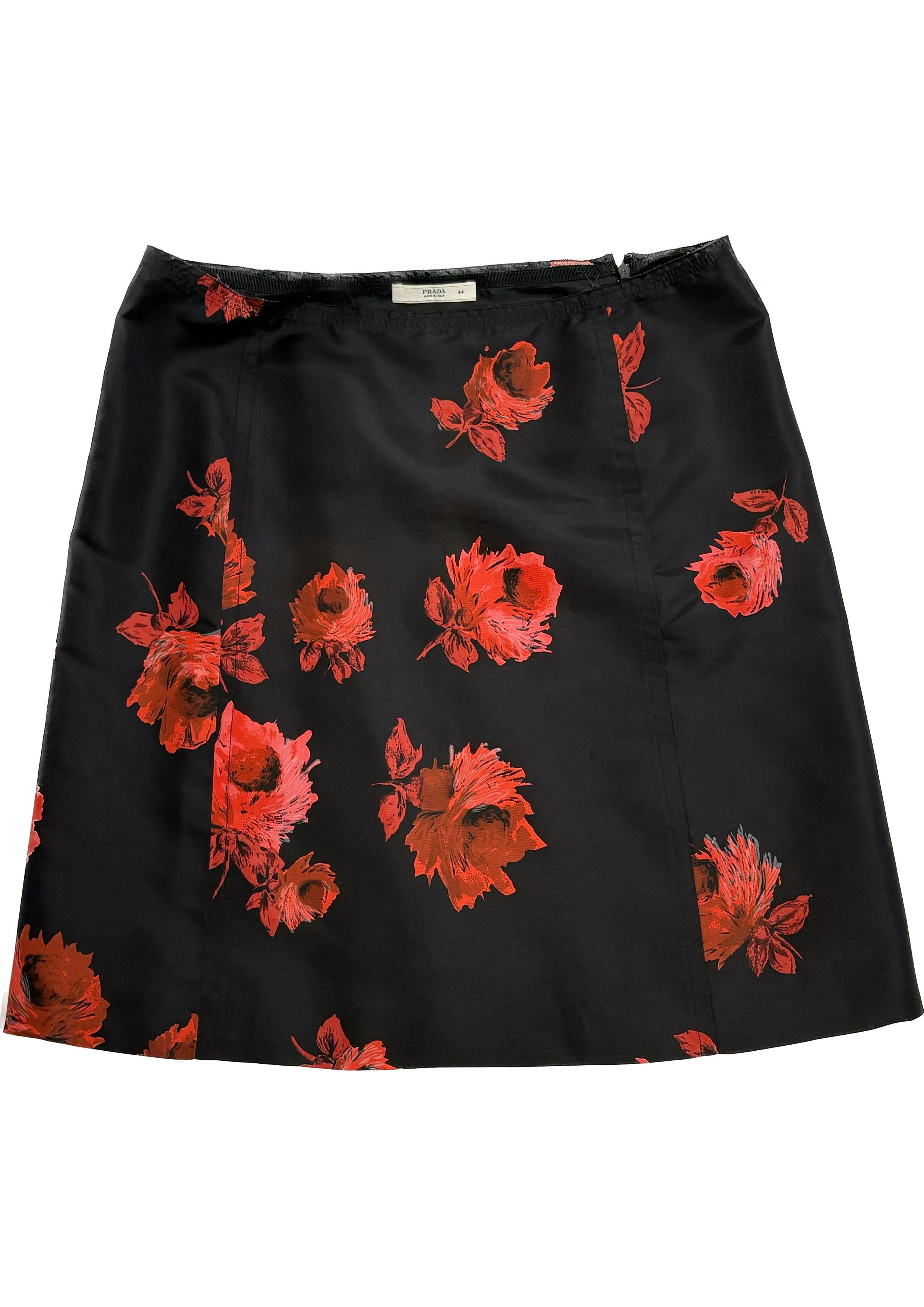 Prada - Black Silk Mini Skirt Red Roses Pattern