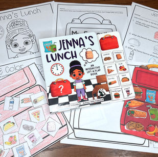 Cover of lunch themed lift a flap book featuring a little girl with brown skin wearing purple clothing and a red lunchbox