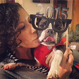 Panda Speech owner with her dog wearing glasses