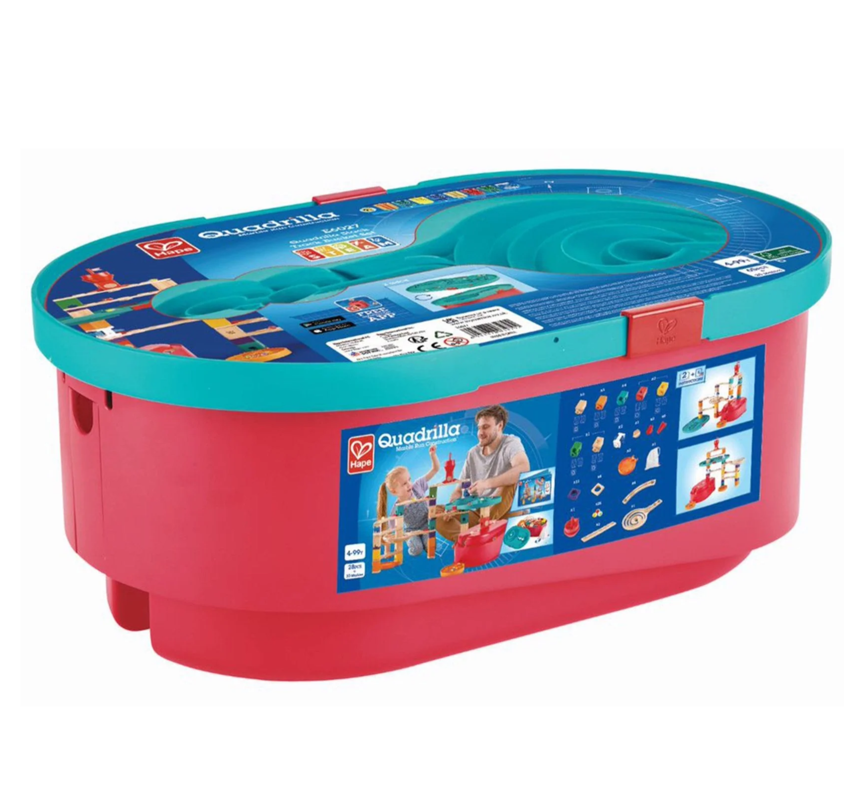 Quadrilla Stack Track Bucket de Hape. Set de Carrera de Metras empaque frente