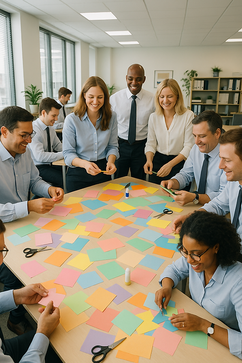Equipe corporativa colaborando em atividade artística para fomentar a inovação e bem-estar