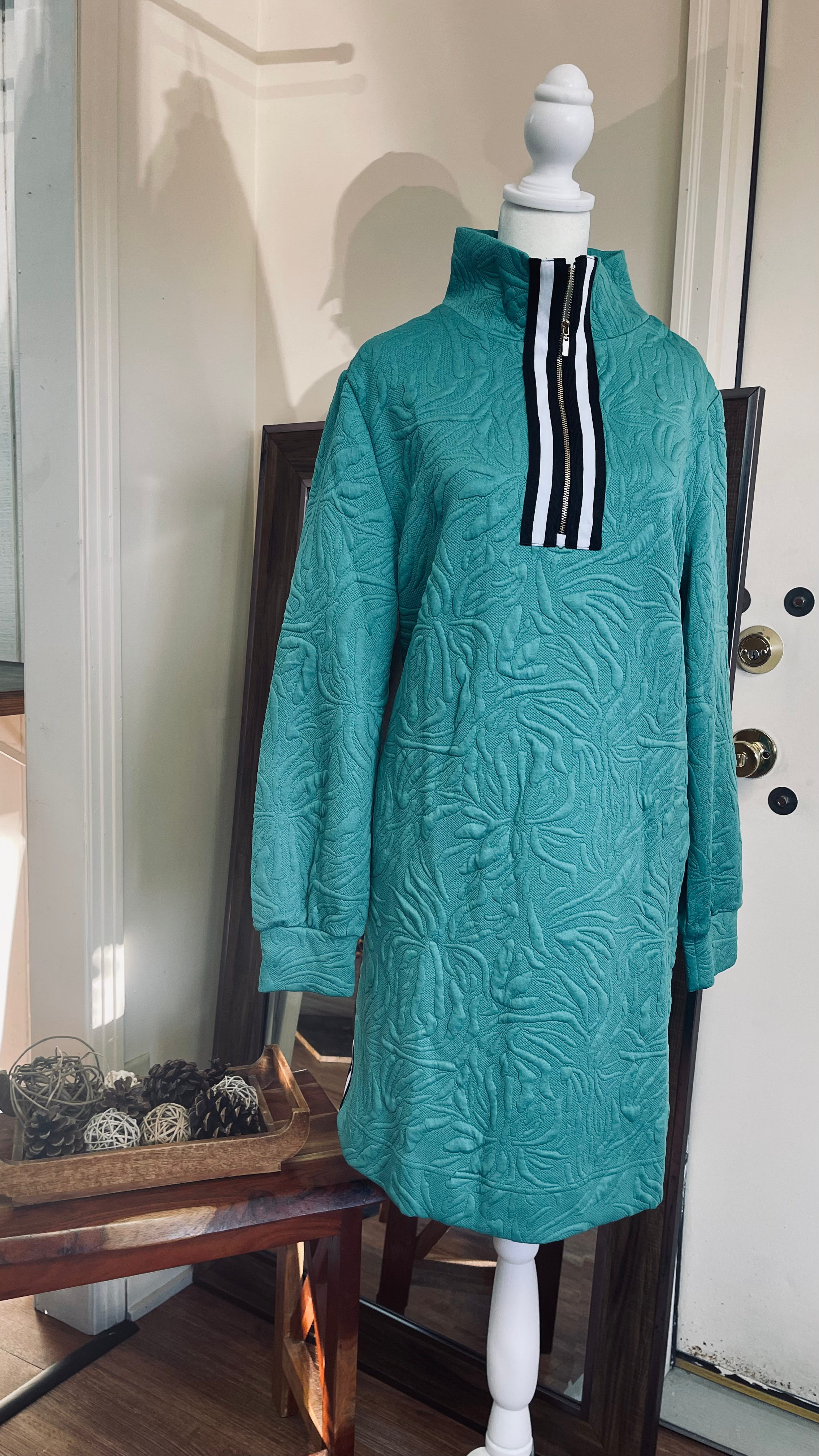 Sea Green Textured Zipper Mini Dress