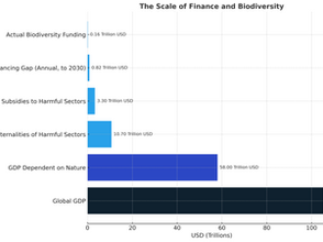 Bar chart illustrating the scale of finance and biodiversity, comparing global GDP, nature-dependent GDP, harmful sector externalities and subsidies, biodiversity financing gap, and actual biodiversity funding in trillions of USD.