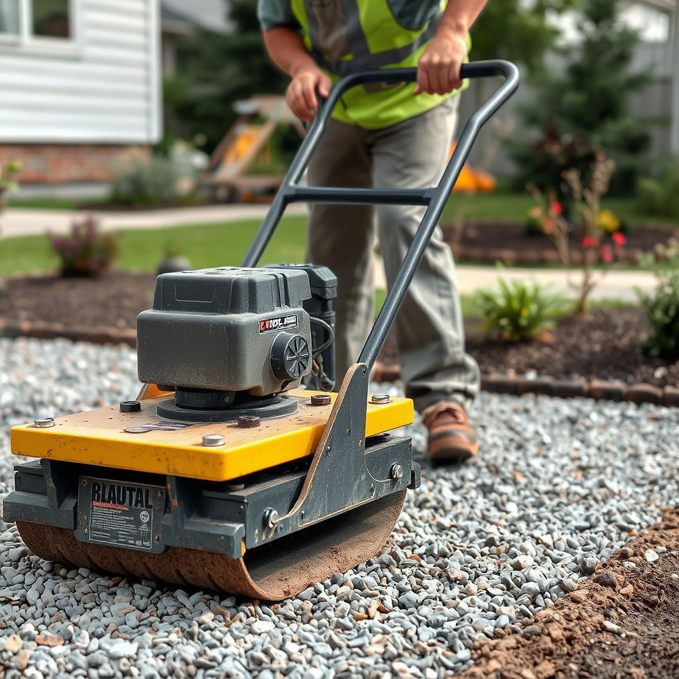 Landscape crew compacting patio base in lifts to ensure long-term stability.