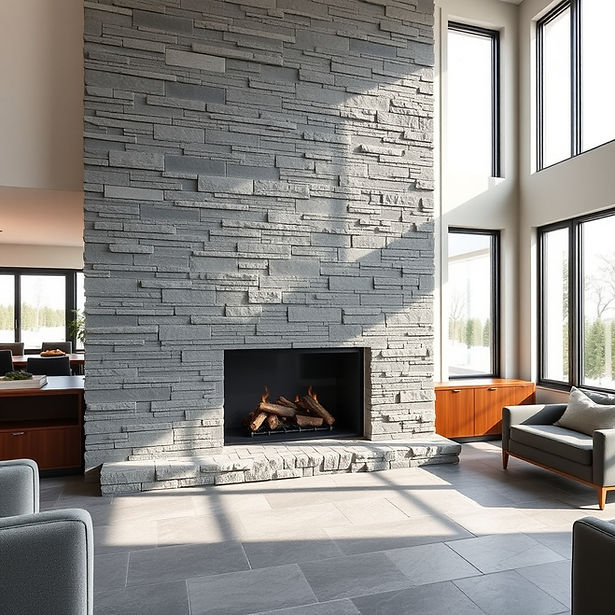 A stunning floor-to-ceiling natural slate fireplace in a modern living room with high ceil