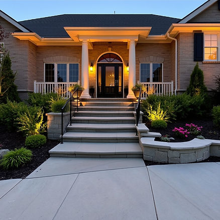 Elegant concrete front steps and walkway, natural stone look, landscaped with shrubs and f