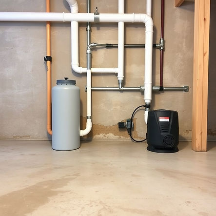 indoor home sump pump plumbing, bright clean concrete floor.jpg