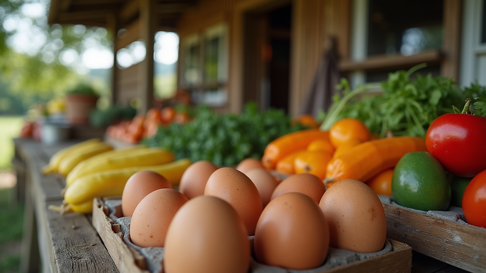 Eye-level view of a small farm stand with fresh eggs and local produce