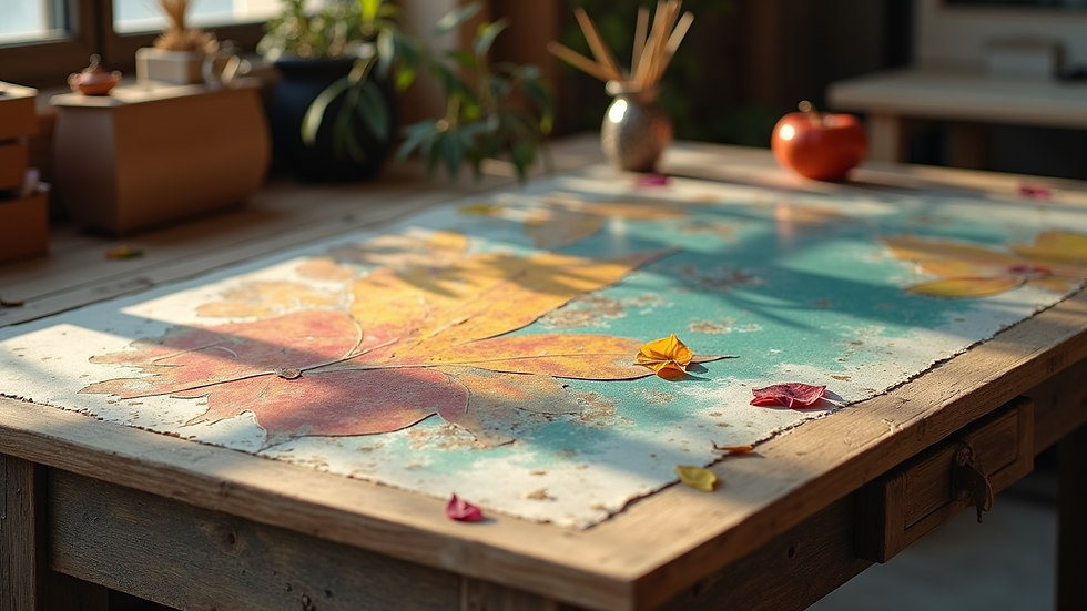 Vue en plongée d’une table d’atelier avec des feuilles, pinceaux et couleurs