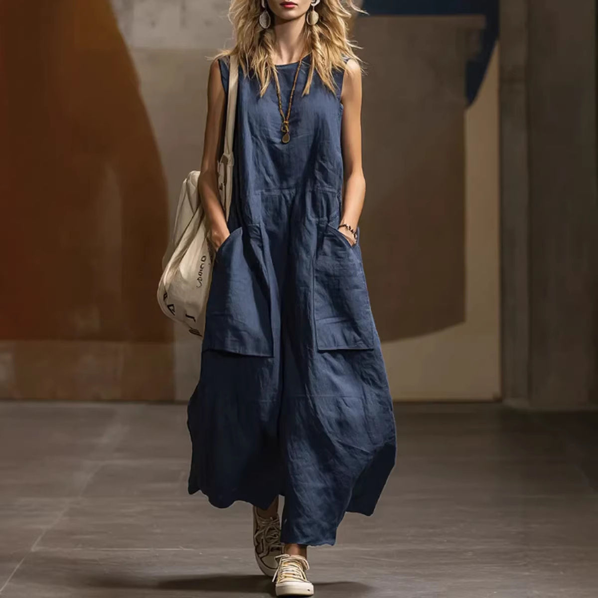 Vestido Feminino de Algodão e Linho — Solto, Simples, Sem Manga
