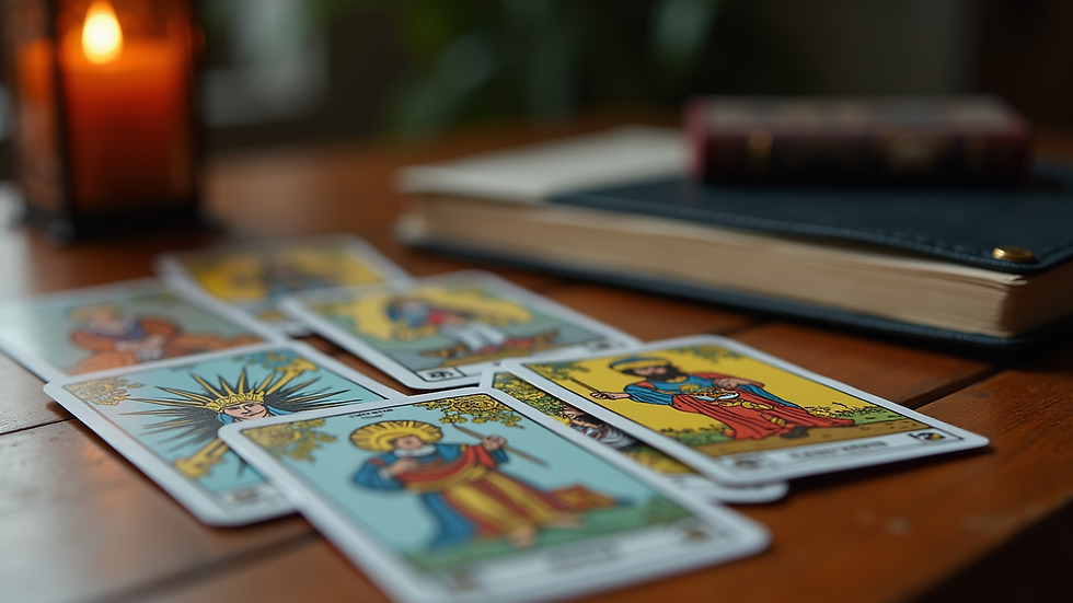 Close-up view of tarot cards spread out on a wooden table during a phone psychic reading