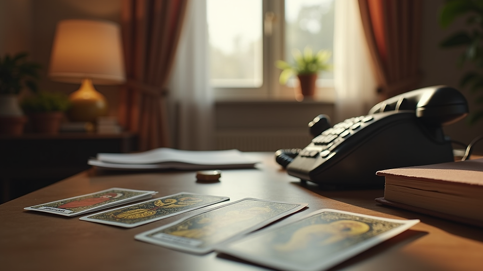 Eye-level view of a cozy home office with a phone and tarot cards