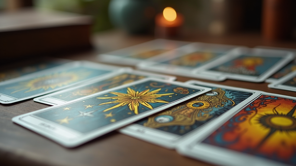 Close-up view of tarot cards spread on a wooden table