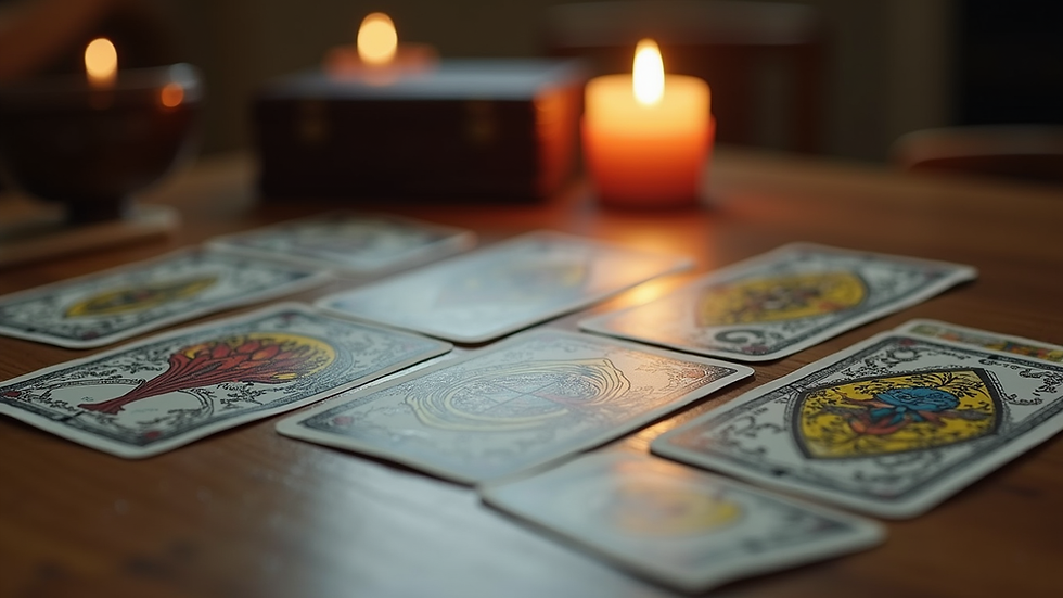 Eye-level view of tarot cards laid out on a wooden table