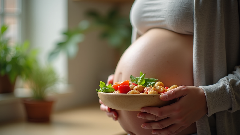 Eye-level view of a pregnant woman holding a healthy meal