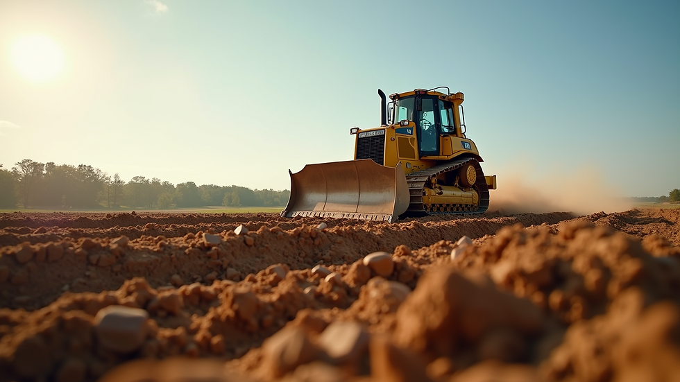Eye-level view of bulldozer grading a cleared field