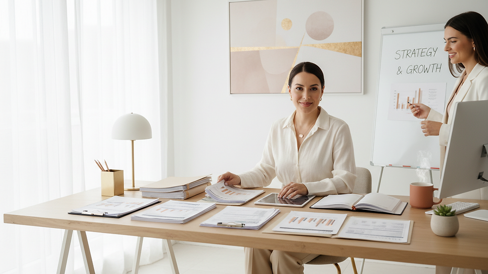 Eye-level view of a small business owner organizing financial documents on a desk