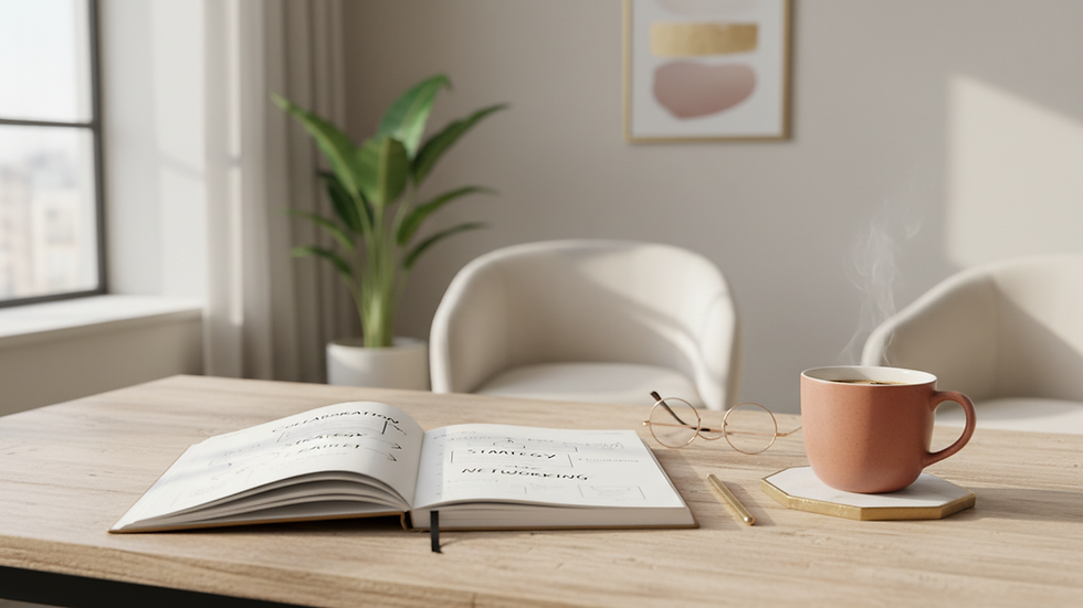 Close-up of a notebook with networking notes and a cup of coffee on a wooden table
