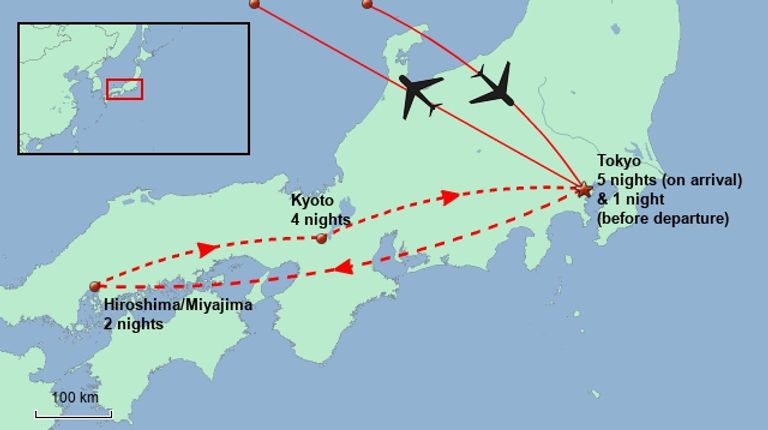 Map of Japan showing Japan Family Holiday route