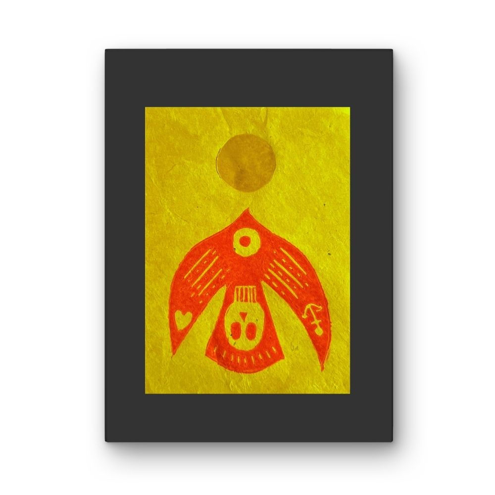 Black Hole Sun - lino print bird and sun