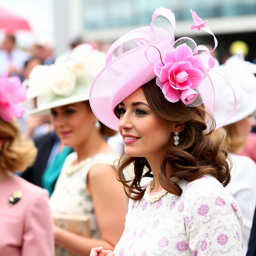 Eye-level view of a display stand with various sustainable fascinators in soft colours