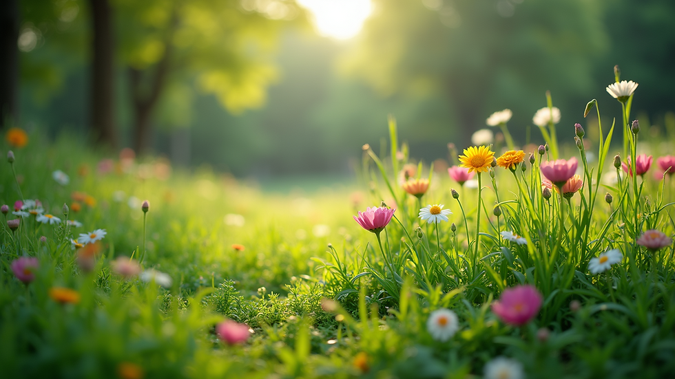 Wide angle view of a lush green landscape dotted with colorful flowers