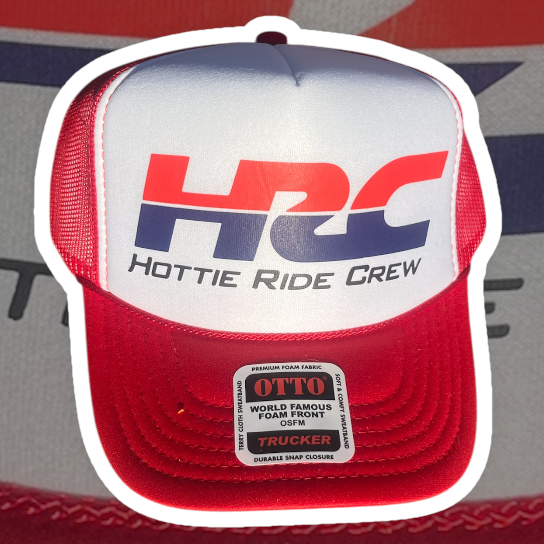 HOTTIE RIDE CREW RED & WHITE HAT RED & BLUE LOGO