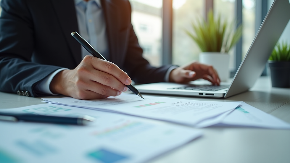 Eye-level view of a professional accountant working on financial documents