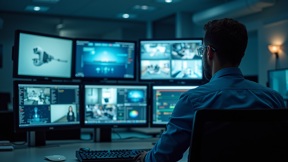 Eye-level view of a security control room with multiple monitors