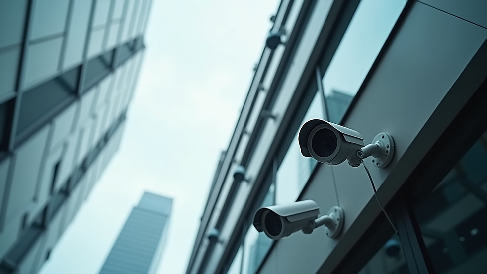 Eye-level view of a modern office building with security cameras