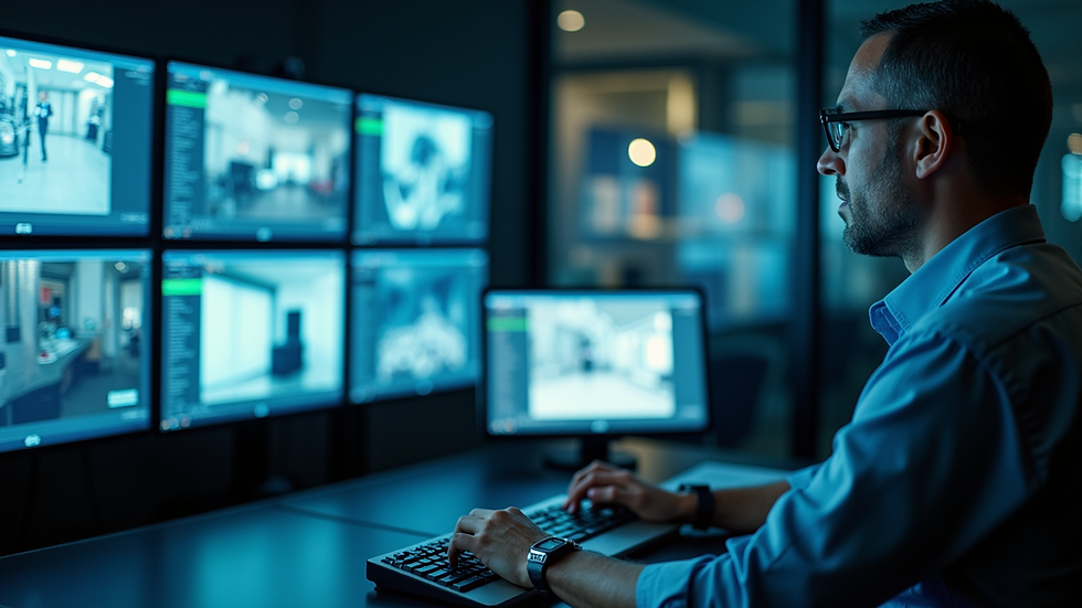 High angle view of a security guard monitoring CCTV screens