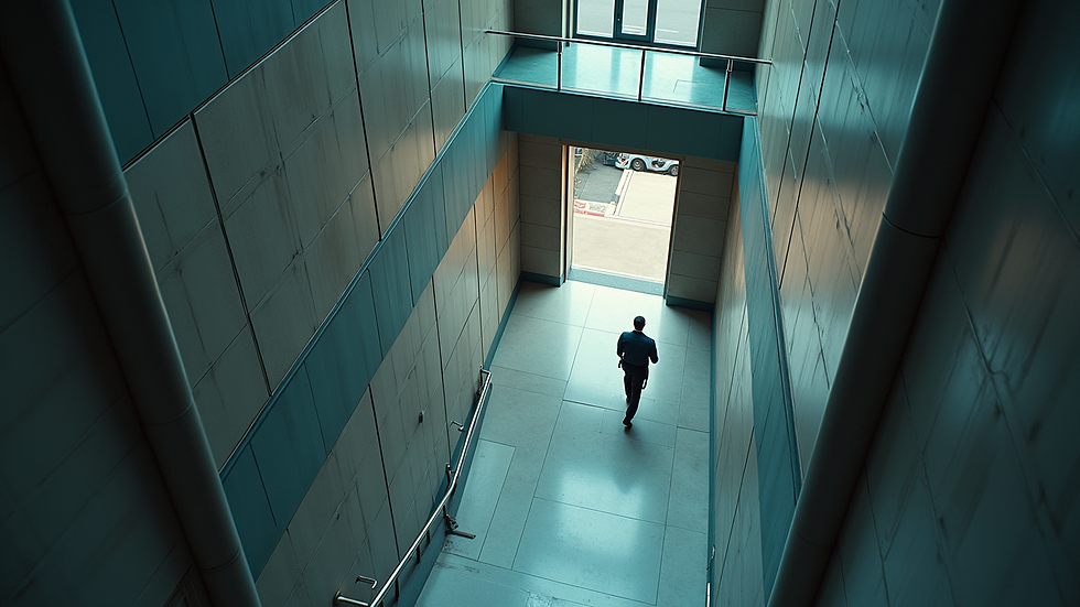 High angle view of security personnel patrolling a commercial building