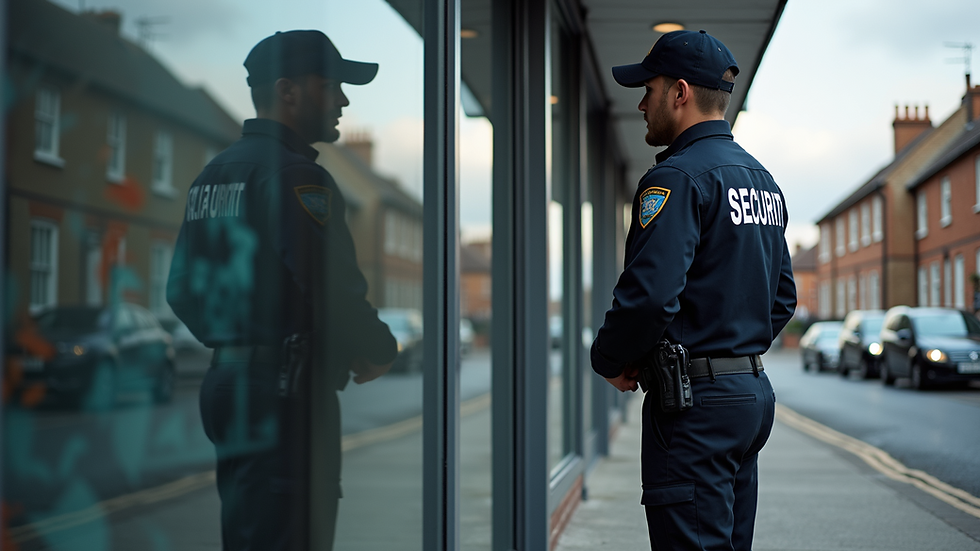 Eye-level view of a security guard standing outside a commercial building in Uxbridge